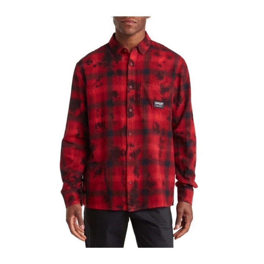 Oakley Mens Logo Red Black Cabin Plaid Flannel Collared Button Up Shirt Sz M New